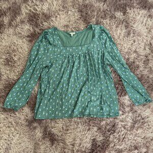 Lucky Brand Dark Mint Long-Sleeve Blouse with Blue Floral Details